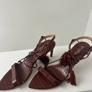 Schutz Lace up Brown Croc Embossed Sandal
